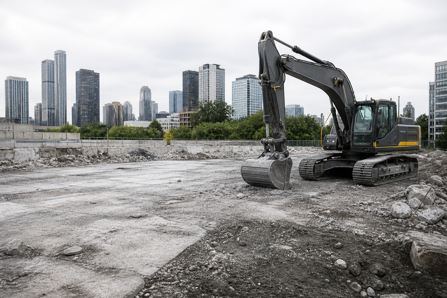 Abgeschlossene Baustelle mit Bagger